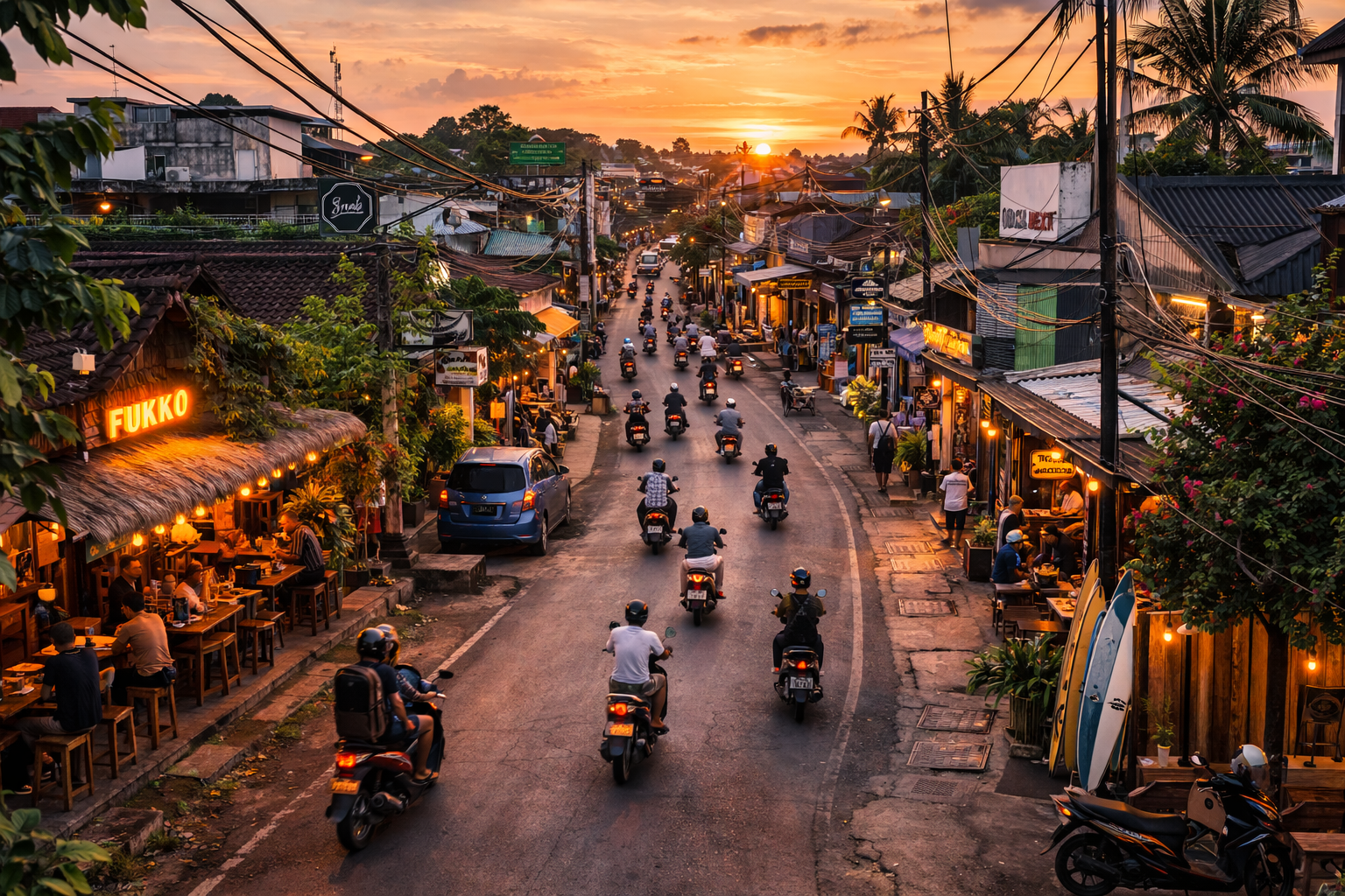 Tropical road with sunset